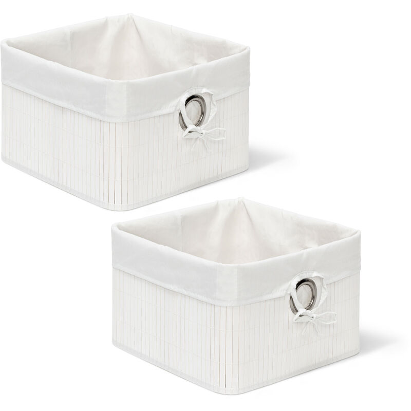 Set Of 2 Relaxdays Storage Basket, Fabric Lining, Bamboo, Rectangular, Bathroom, Accessories, Hxwxd, 20x31x31 Cm White