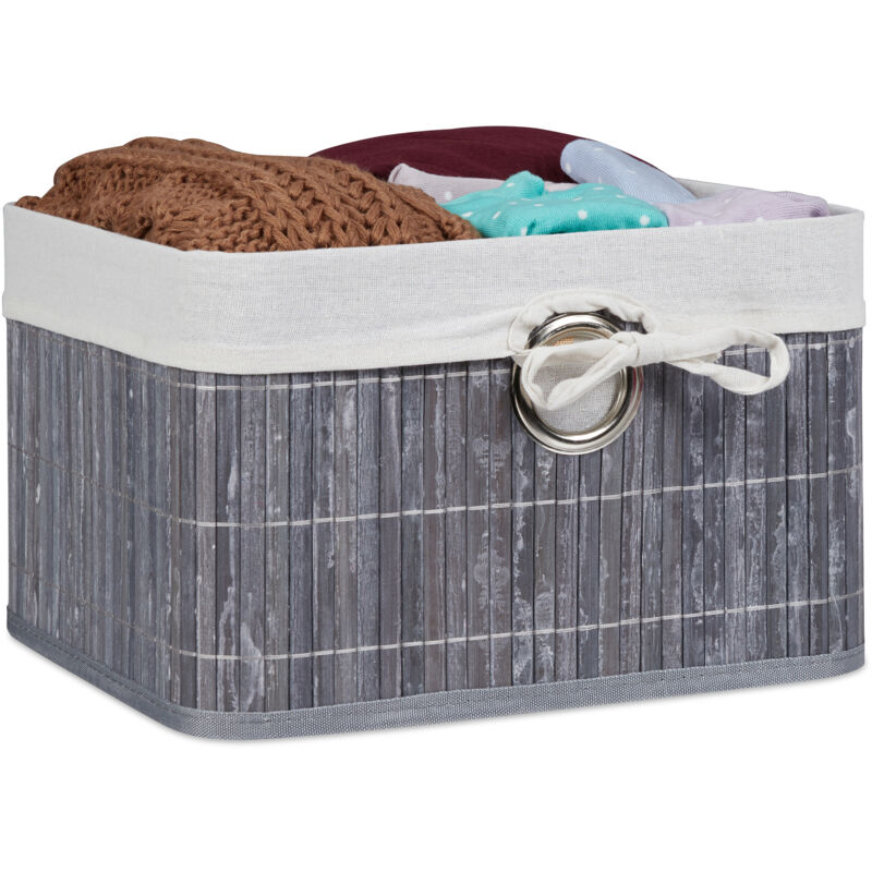 Set Of 2 Relaxdays Storage Basket, Fabric Lining, Bamboo, Rectangular, Bathroom, Accessories, Hxwxd, 20x31x31cm Grey