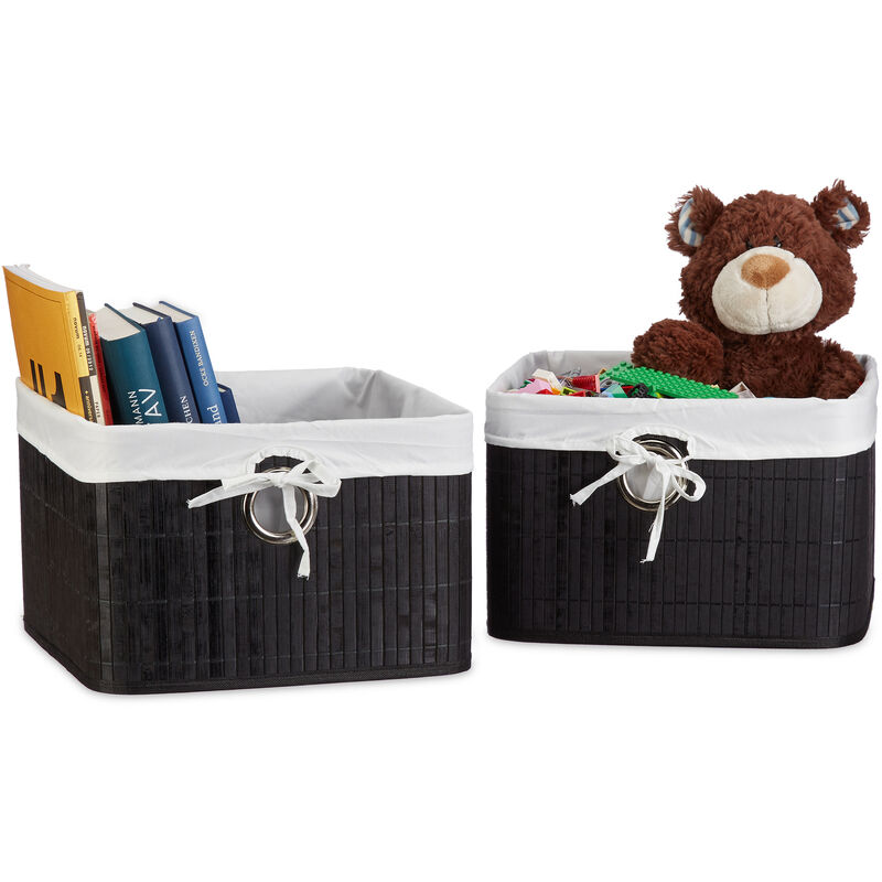 Set Of 2 Relaxdays Storage Basket, Fabric Lining, Bamboo, Rectangular, Bathroom, Accessories, Hxwxd, 20x31x31 Cm Black