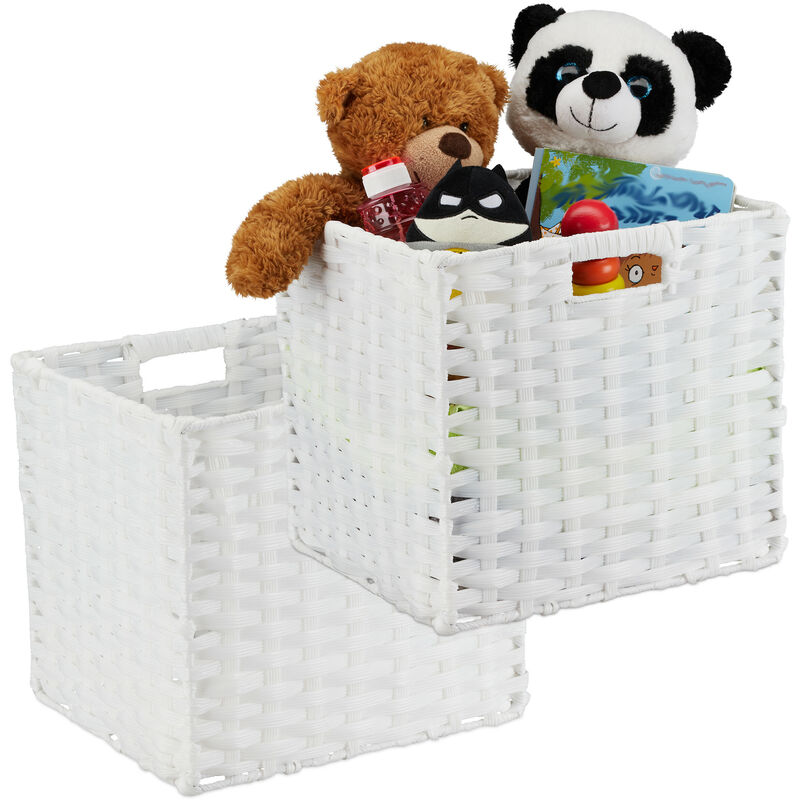 2x Folding Storage Basket, Square pp Bathroom Organiser Box, Wicker-Look Shelf Bin, 31x32x30 cm, white - Relaxdays