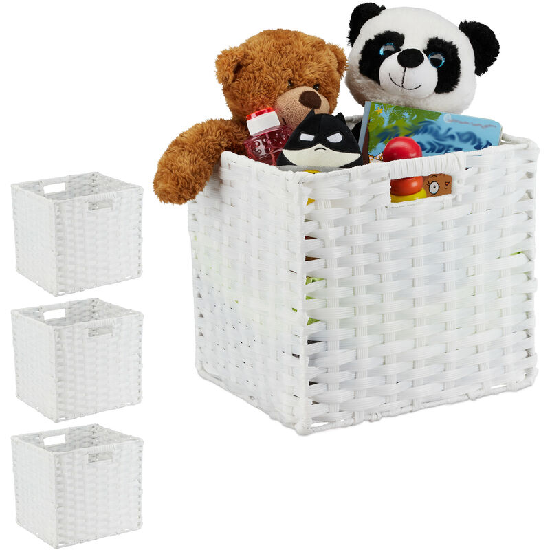 4x Folding Storage Basket, Square pp Bathroom Organiser Box, Wicker-Look Shelf Bin, 31x32x30 cm, white - Relaxdays