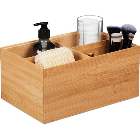 Relaxdays Storage Box, 4 Compartments, Stackable, Dimensions H x W x D: 14 x 30 x 20 cm, Bamboo, Natural