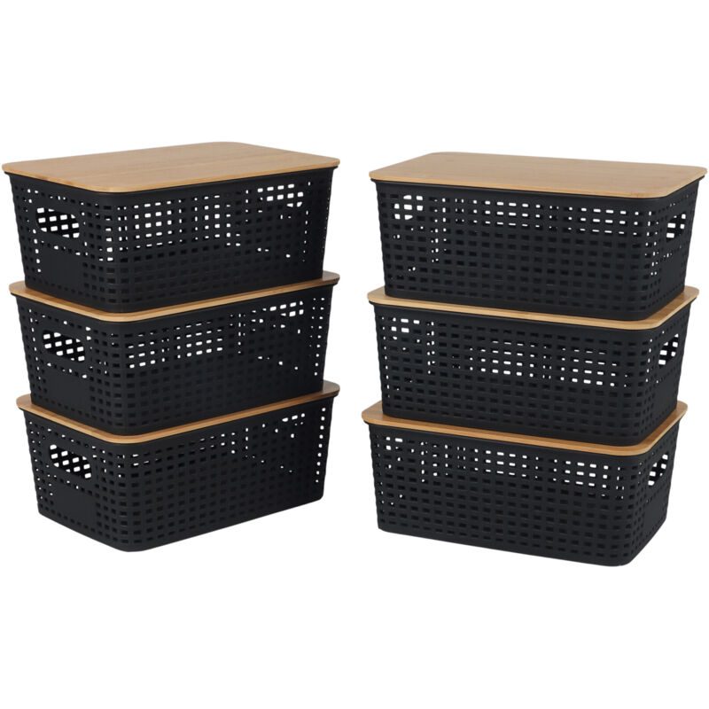 Relaxdays Storage Box, 6pc Set, Lid, Plastic & Bamboo, Handles, Hwd, 10.5x25.5x18cm, Organiser, Black
