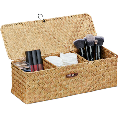 Relaxdays Storage Box, with Lid, Seagrass, 3 Compartments, Versatile Storage, HxWxD: 11 x 33 x 12.5 cm, Basket, Natural