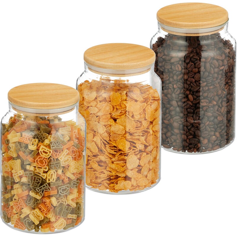 Relaxdays - Storage Jars with Bamboo Lids, Set of 3, Round, 1500 ml Each, Airtight, Dry Goods, Glass, Transparent/Natural