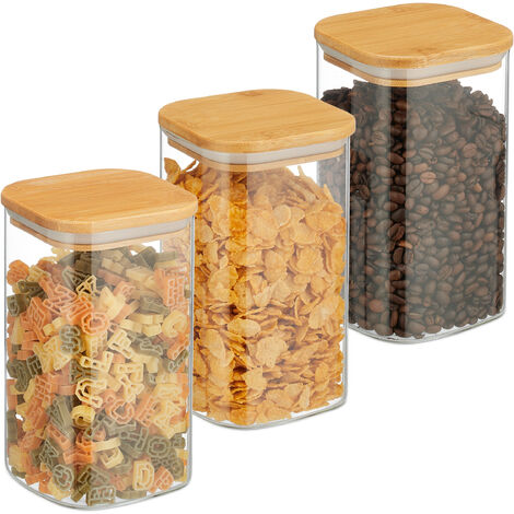 Relaxdays Storage Jars with Bamboo Lids, Set of 3, Square, 1200 ml Each, Dry Food Storage, Glass, Transparent/Natural