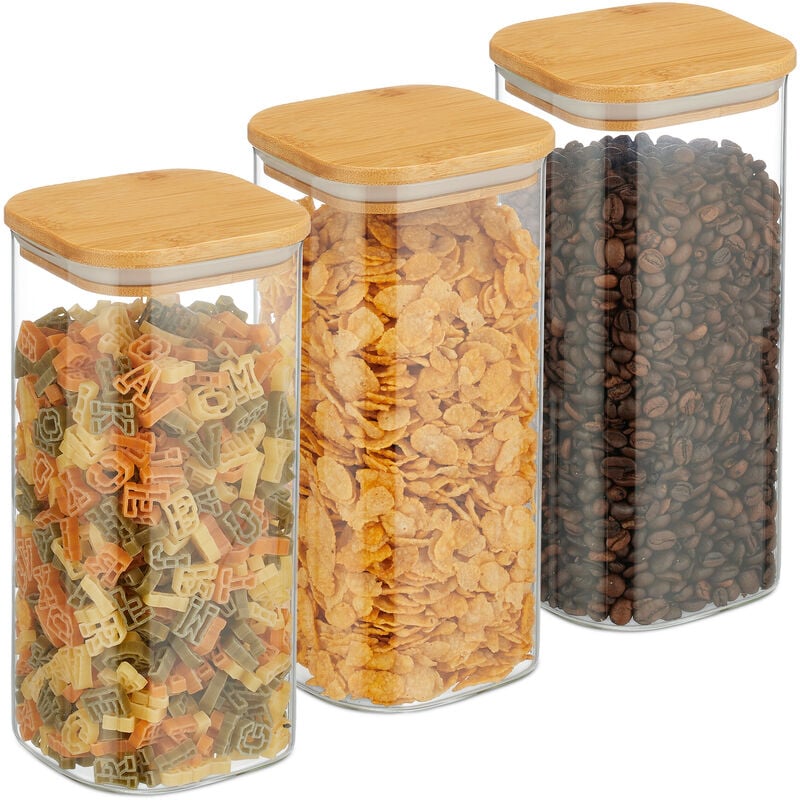 Relaxdays - Storage Jars with Bamboo Lids, Set of 3, Square, 1500 ml Each, Dry Food Storage, Glass, Transparent/Natural