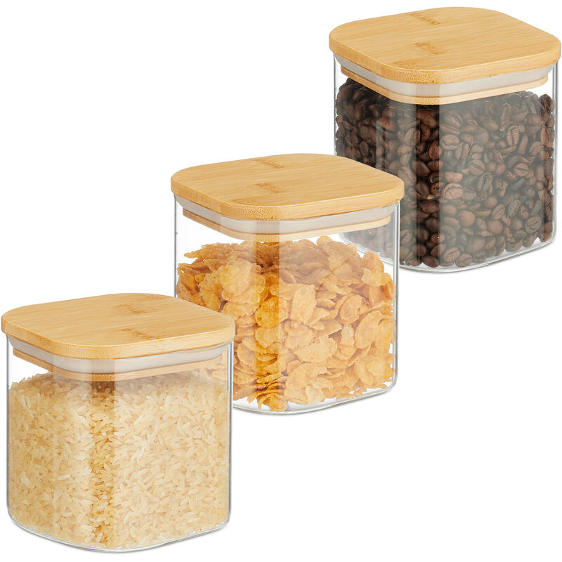 Storage Jars with Bamboo Lids, Set of 3, Square, 600 ml Each, Dry Food Storage, Glass, Transparent/Natural - Relaxdays