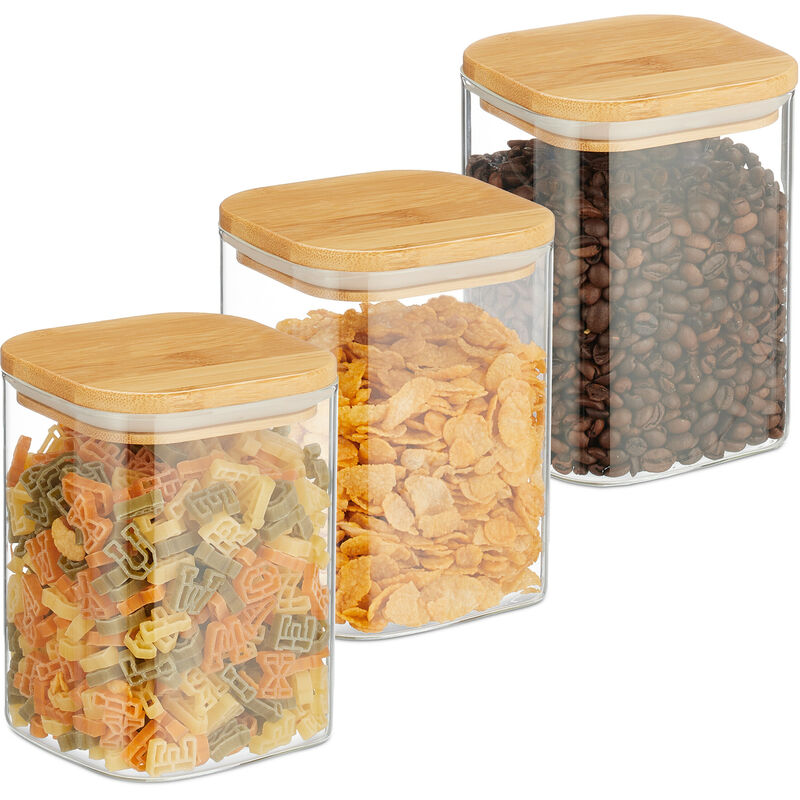 Relaxdays - Storage Jars with Bamboo Lids, Set of 3, Square, 900 ml Each, Dry Food Storage, Glass, Transparent/Natural