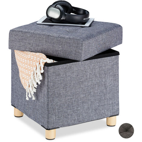 Relaxdays Storage Ottoman, Soft Padding, Quilted, Fabric Cover, Cube Seat, HxWxD: 39 x 38 x 38 cm, Grey