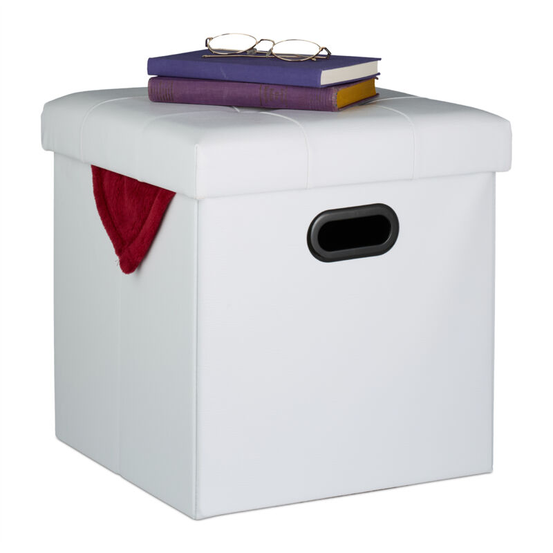Storage Ottoman, Stool Space, Upholstered, Foldable, Hwd, 39 X 37 X 37 Cm, Faux Leather, Cube Seat, White - Relaxdays