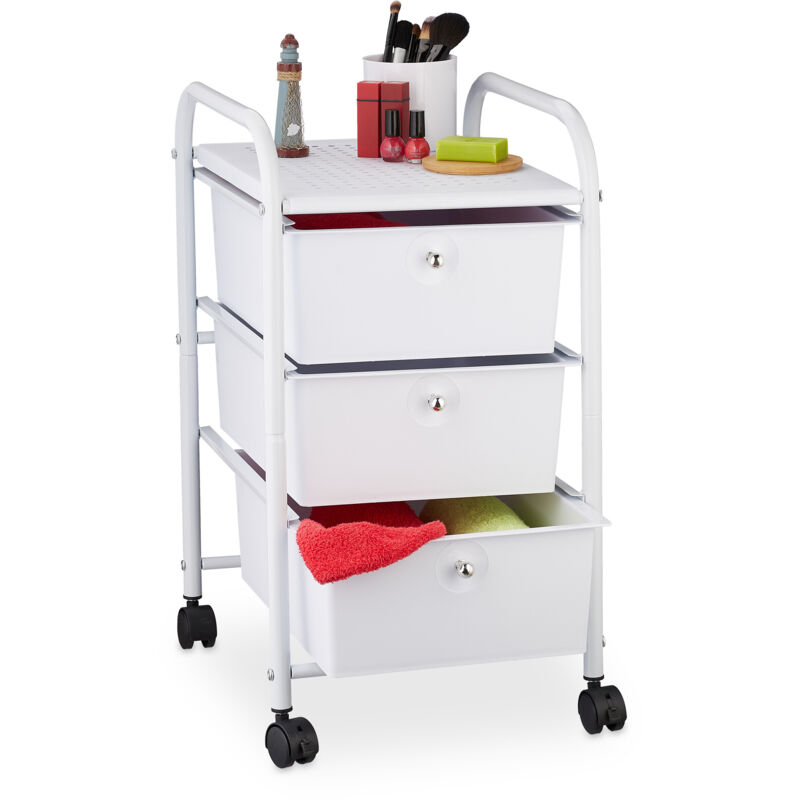 Relaxdays Storage Trolley, 3 Drawers, H X W X D Approx. 60 X 33 X 39 Cm, Metal & Plastic, White