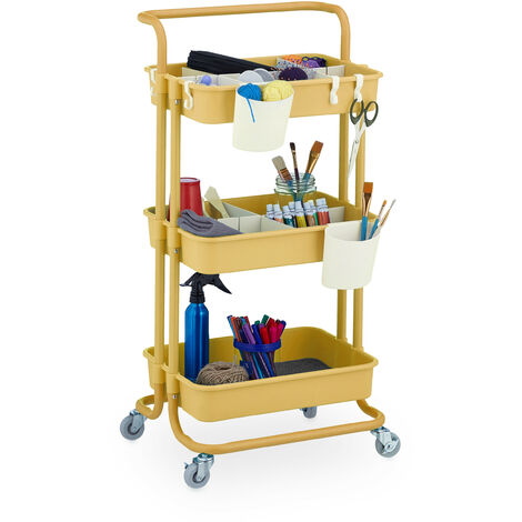Relaxdays Storage Trolley, 3 Shelves, Cart for Kitchen, Bathroom & Office, Rolling Shelf, HWD: 86 x 42.5 x 36 cm, Yellow