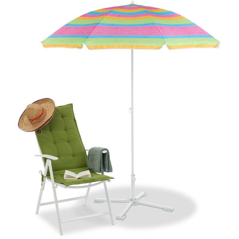 Relaxdays Striped Beach Parasol Height Adjustable Garden Umbrella Sun Protection H X D 200 X 170 Cm Colourful 4100233084500