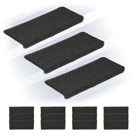 Relaxdays Stufenmatten 15er Set, rechteckige Treppenstufenmatten, 65 x 24 cm, selbstklebende Treppenteppiche, dunkelgrau