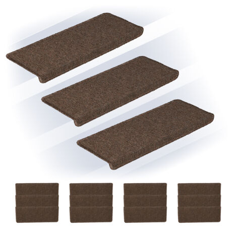 Relaxdays Stufenmatten 15er Set, rechteckige Treppenstufenmatten, 65x24 cm, selbstklebende Treppenteppiche, dunkelbraun