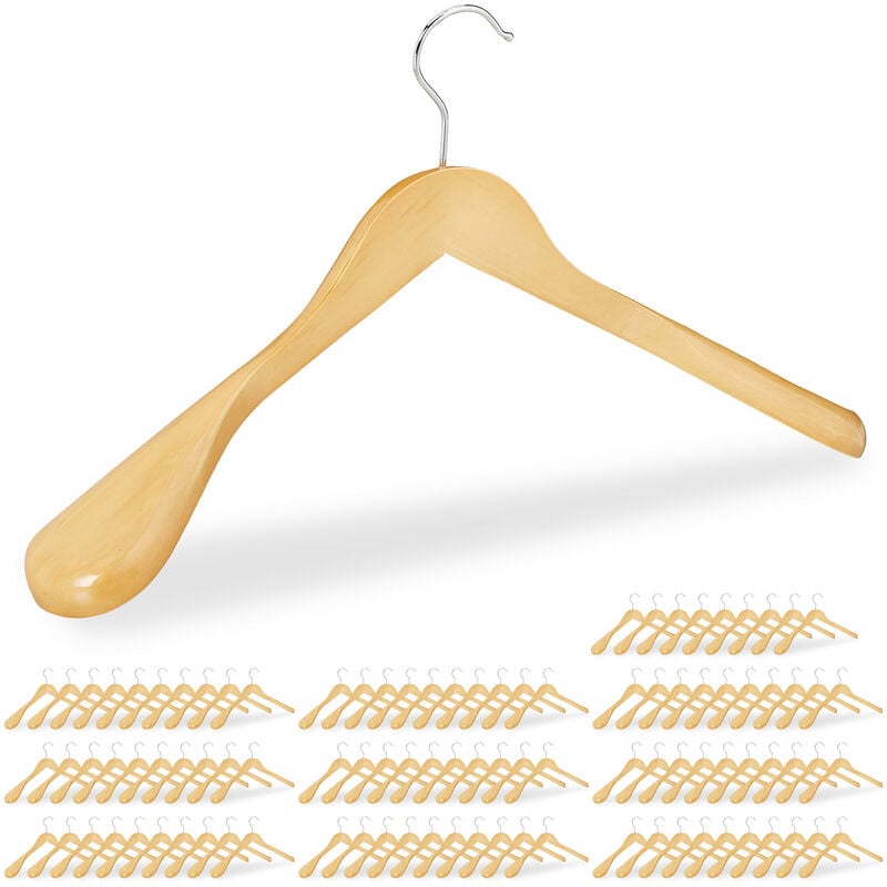 Set of 100 Relaxdays Suit Hangers, Wide Shoulders, 360° Swivel Hooks, Jackets, Wooden Coat Holders, Natural