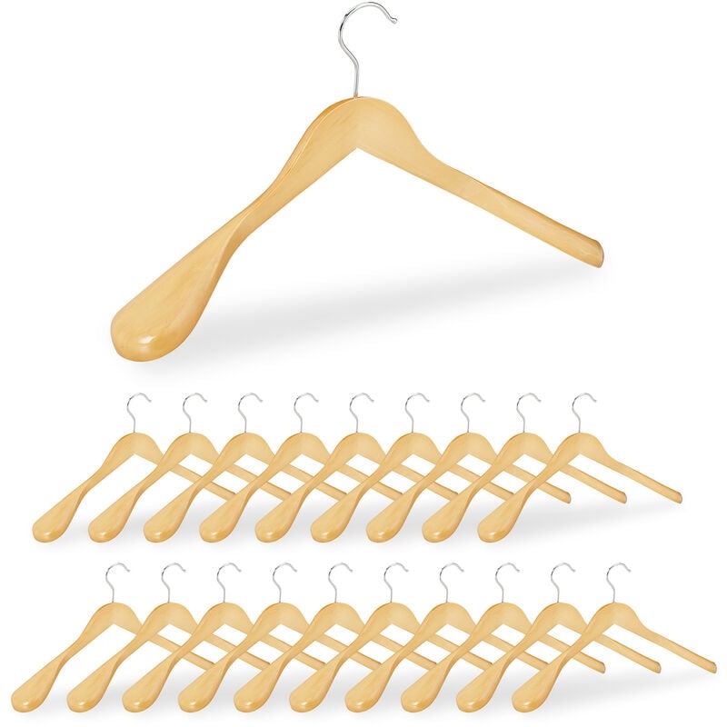 Set of 20 Relaxdays Suit Hangers, Wide Shoulders, 360° Swivel Hooks, Jackets, Wooden Coat Holders, Natural