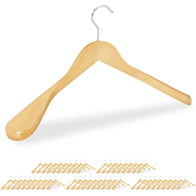 Set of 50 Relaxdays Suit Hangers, Wide Shoulders, 360° Swivel Hooks, Jackets, Wooden Coat Holders, Natural