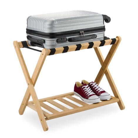Relaxdays Support à valises, pliant, bambou, HxLxP: 56x68,5x41,5 cm, porte-bagage avec étagère, pour sac, hôtel, nature