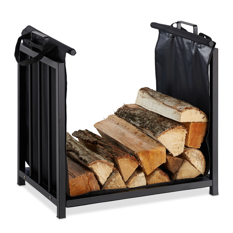 Support bois de cheminée Sac pour bûches, intérieur, design moderne, Etagère, acier, HlP 50x51x37cm, noir - Relaxdays