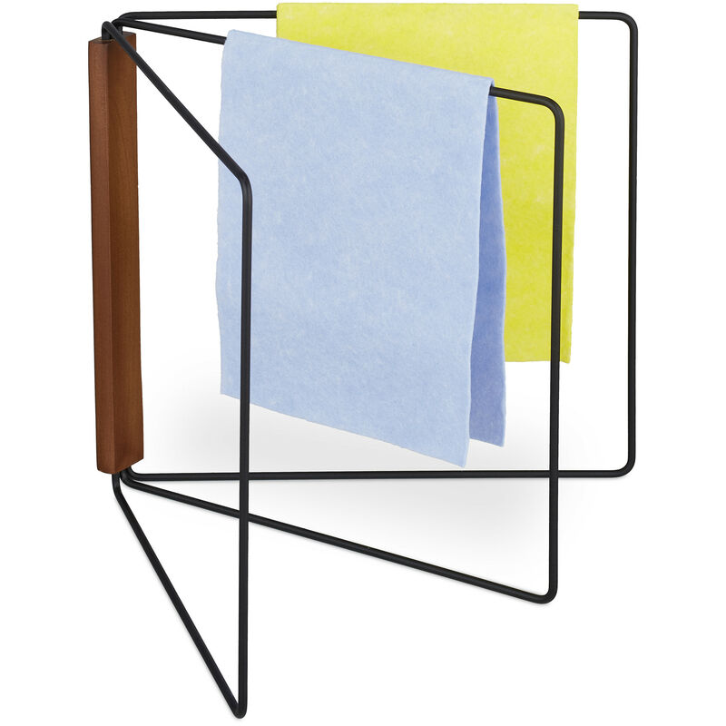 Support chiffon, 3 barres, pliable, métal et bois, h x l : 25 x 27 cm, pour la cuisine, noir et marron - Relaxdays