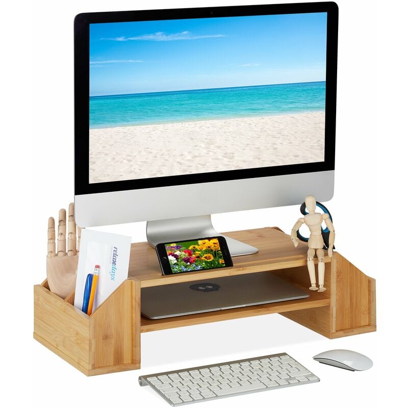 Support d'écran en bambou, 4 tiroirs, réhausseur d'écran d'ordinateur/laptop, HxLxP : 16x57,5x25 cm, naturel - Relaxdays