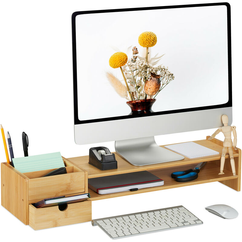 Support d'écran en bambou, 5 tiroirs, réhausseur d'écran d'ordinateur/laptop, HxLxP : 13 x 70 x 19 cm, naturel - Relaxdays