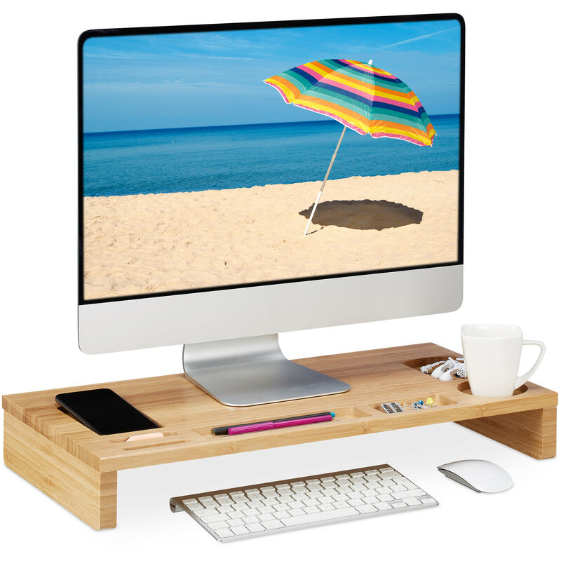 Support de moniteur, bambou, rehausseur écran bureau, 7 compartiments, dessous pc, hlp 8,5x60x30 cm, naturel - Relaxdays