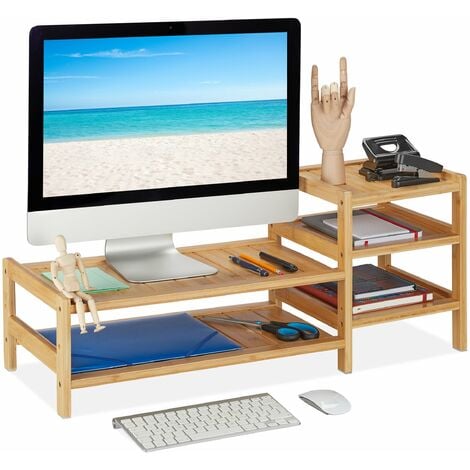 Relaxdays Support d'écran , 2 tiroirs, réhausseur d'écran d'ordinateur,  laptop, HxLxP : 12x56x27 cm, MDF, bambou, blanc