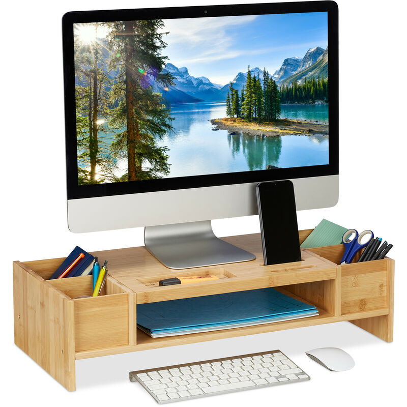 Support moniteur bambou, rehausseur écran à compartiments, hlp 15,5x62,5x28 cm, dessous d'ordinateur, naturel - Relaxdays