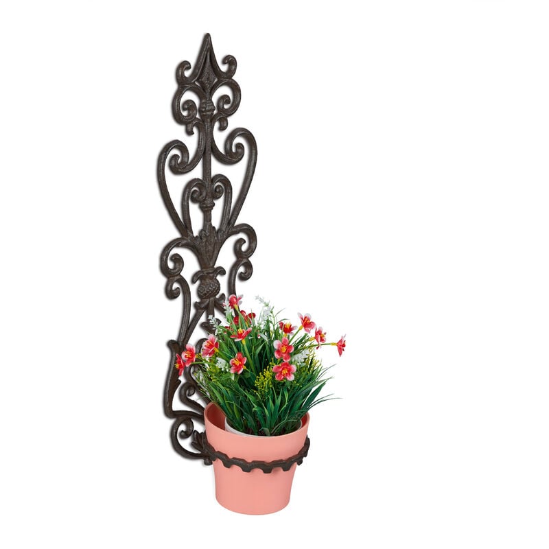 Relaxdays - Support pot de fleurs, crochet plantes, diamètre 14,5 cm, en fonte, hlp : 54x17x18 cm, design antique, marron