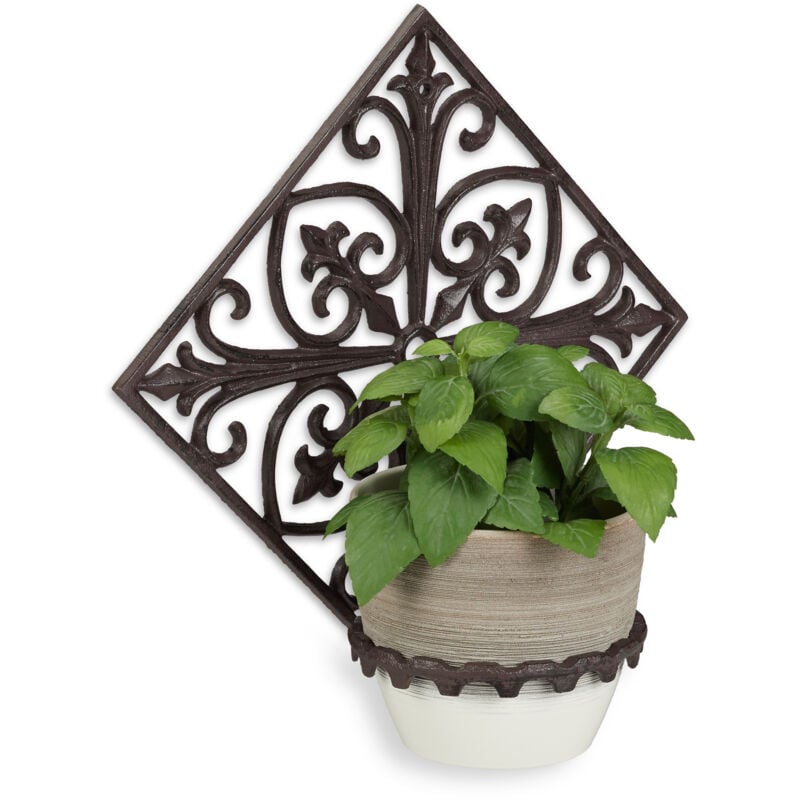 4x Supports pot de fleurs mural antique, fonte, décoration jardin, Porte plantes mural extérieur, ø 13,5 cm, brun