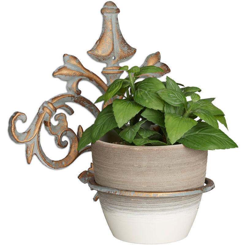 3x Supports pot de fleurs mural baroque, fonte, décoration, Porte plantes mural extérieur, Ø 13,5 cm, gris-doré