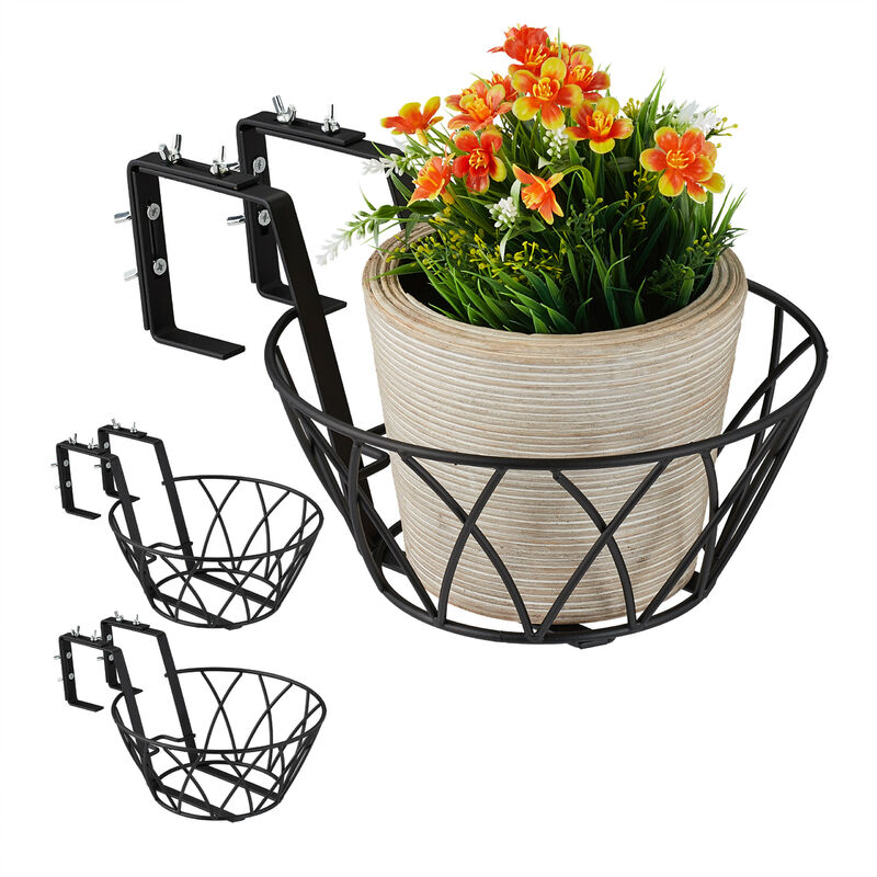 Support à pots de fleurs balcon, lot de 3, métal, réglable, Porte-plantes à accrocher, h x d 11 x 25 cm, noir - Relaxdays