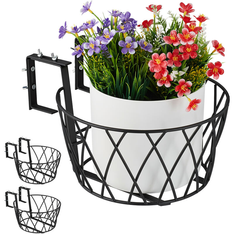 Support à pots de fleurs balcon, lot de 3, métal, réglable, Porte-plantes à accrocher, h x d 14 x 27 cm, noir - Relaxdays