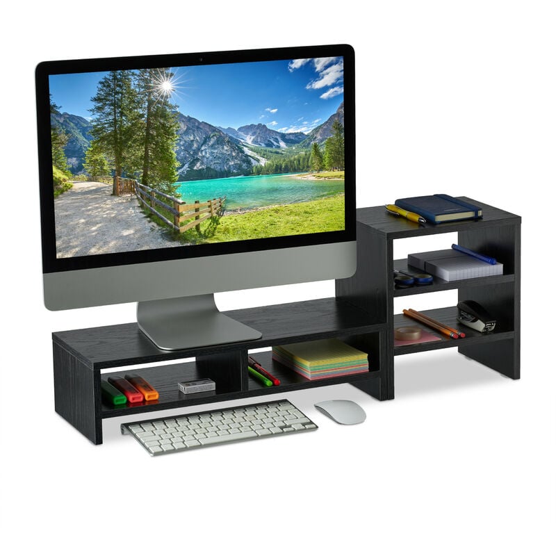 Support pour moniteur, 2 parties, organiseur, travail ergonomique, rehausseur d'écran, pour bureau, noir - Relaxdays