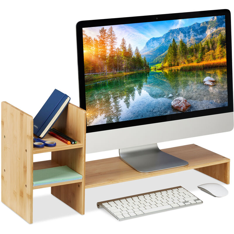 Relaxdays - Support pour moniteur en bambou, pose écran hauteur, hlp: 30x67x20 cm, ergonomique, 4 compartiments, naturel
