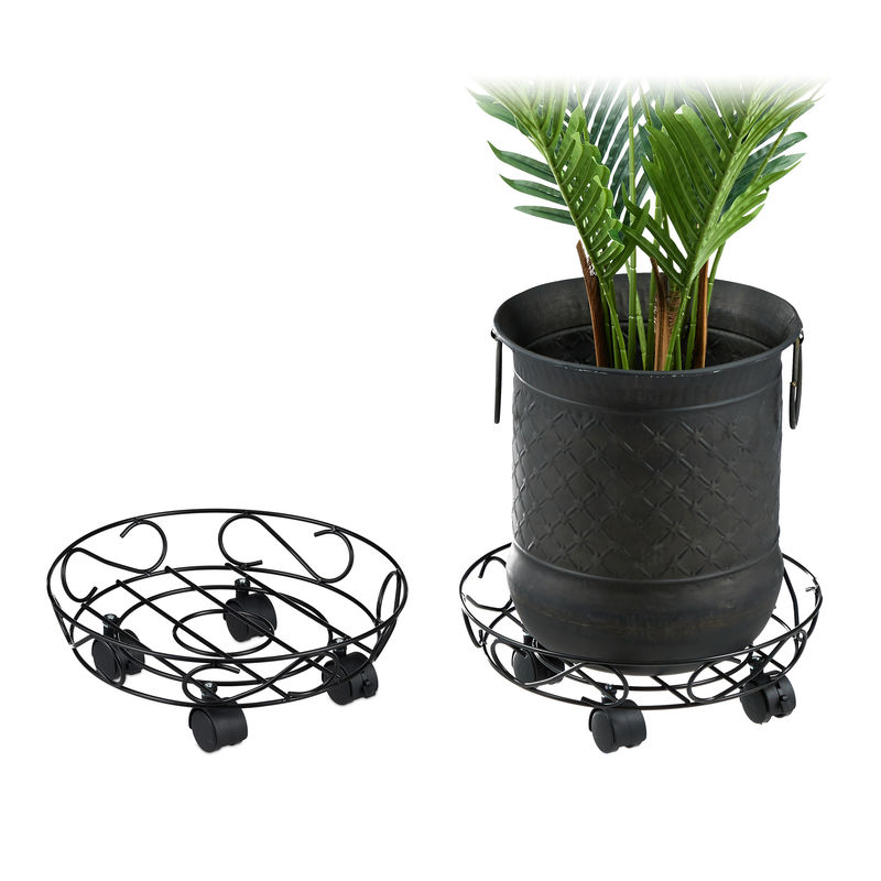 Support roulant plantes, 2, rond, intérieur et extérieur, freins, Plateau pour pots de fleurs, 28cm d. métal - Relaxdays
