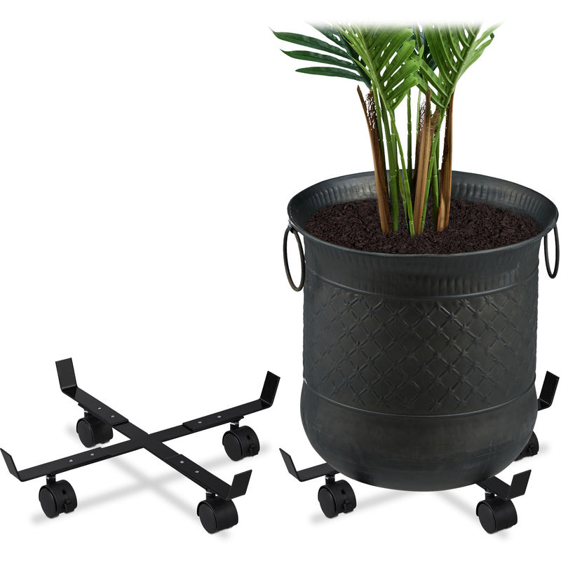 Support roulant plantes, jeu de 2, rond, intérieur et extérieur, freins, Plateau roulant pots de fleurs, métal - Relaxdays