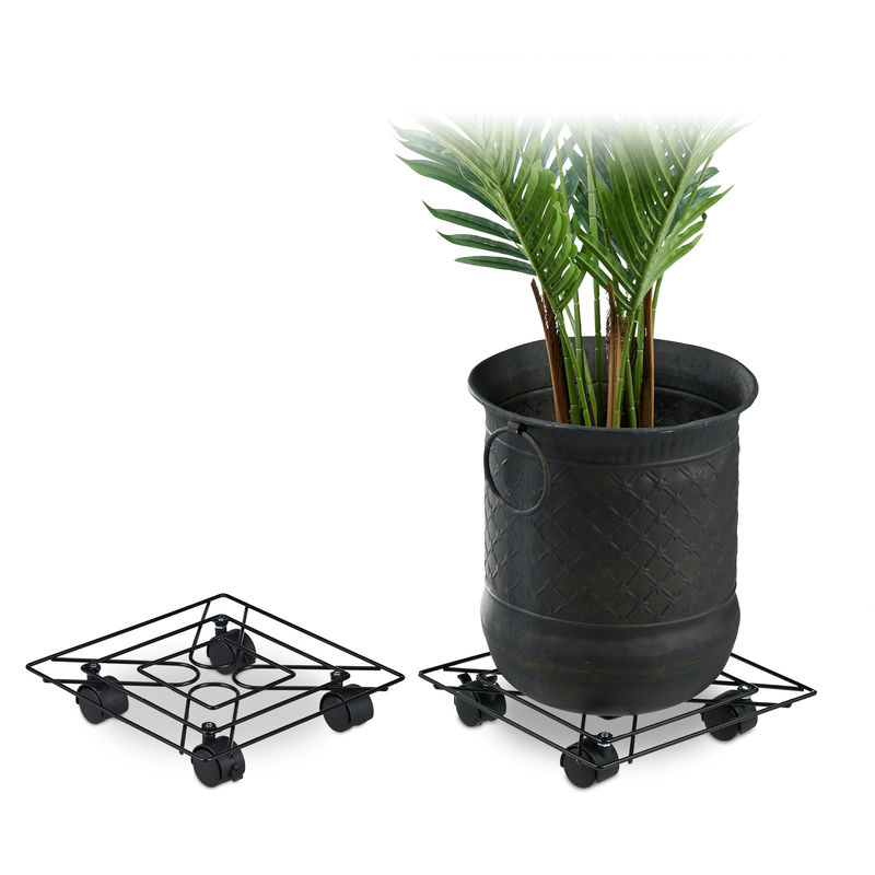 Support roulant pour plantes, 2, rond, intérieur et extérieur, freins, Plateau roulant, 28 cm, métal noir, - Relaxdays