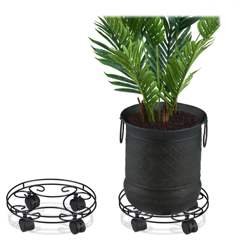 Support roulant pour plantes, jeu de 2, rond, intérieur et extérieur, freins, Plateau roulant pots de fleurs - Relaxdays