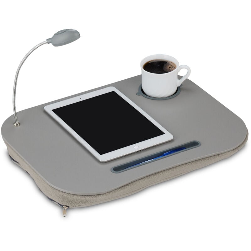 Support table de genoux pc portable Lampe led ordinateur Porte gobelet, gris - Relaxdays