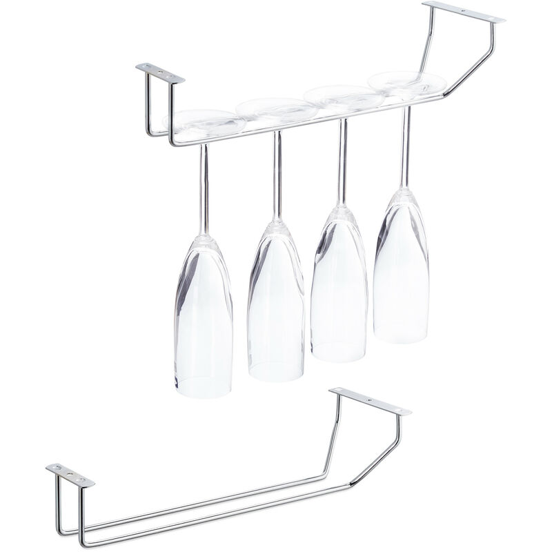Relaxdays - Support à verres à vin, lot de 2, 4 verres sur un support, acier inoxydable, support de bar, suspendu, 33,5 cm, argent