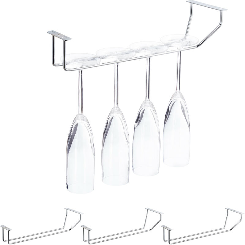 Support à verres à vin, lot de 4, 4 verres sur un support, acier inoxydable, support de bar, suspendu, 33,5 cm, argent