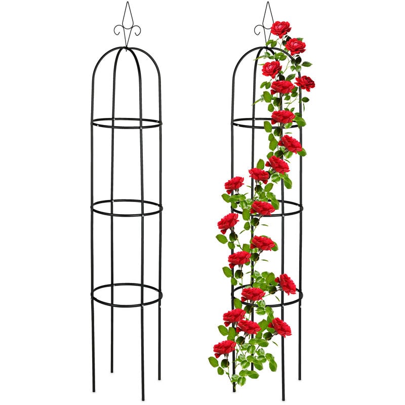 Supporti ad Obelisco per Rampicanti, Set da 2, Alti 200 cm, Graticolati per Piante, Rose Edere, Metallo, Nero - Relaxdays