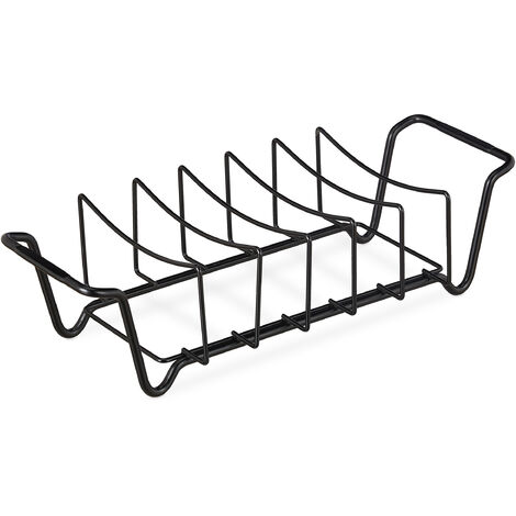 Relaxdays Supporto per Costine, Cestello 2in1 da Barbecue, Rib Rack per Costolette e Arrosto, Acciaio al Carbonio, Nero