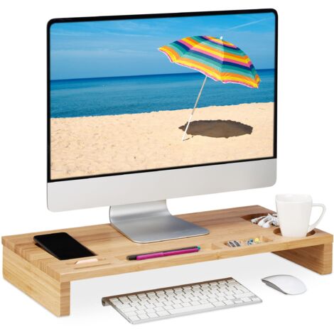 Relaxdays Supporto per Monitor, Rialzo per Schermo con 7 Scomparti, Stand Computer Portatile, 8,5 x 60 x 30 cm, Naturale, 100% bambù, 8,5 x 60 x 30