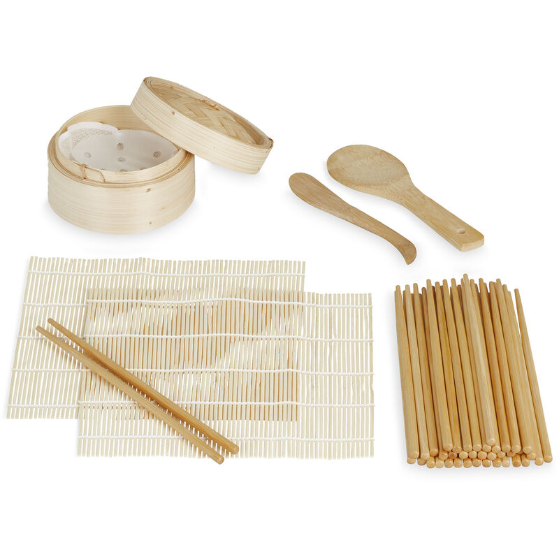 Sushi Making Set, Bamboo, 2 Mats, Steamer, 20x Chopsticks, Rice Spoon, Rice Spatula, Sushi Maker, Natural - Relaxdays