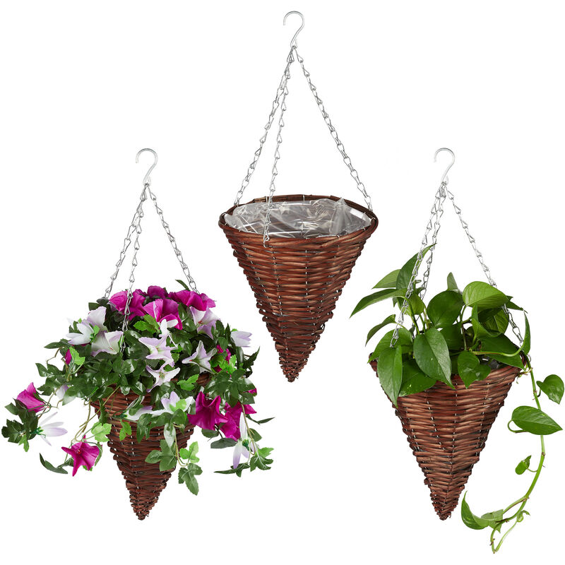 Relaxdays - Suspension pour plantes en lot de 3, panier tressé en osier, fait main, pot de fleur HxD 30 x 25 cm, brun